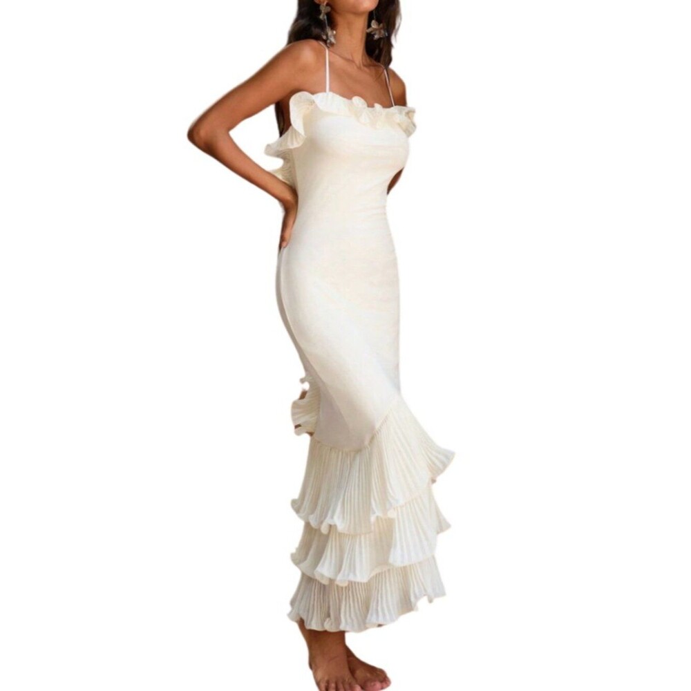Cream Ruffle Trim Backless Mermaid Maxi Dress Boho Beach Vacation Party Sz M - Picture 3 of 10